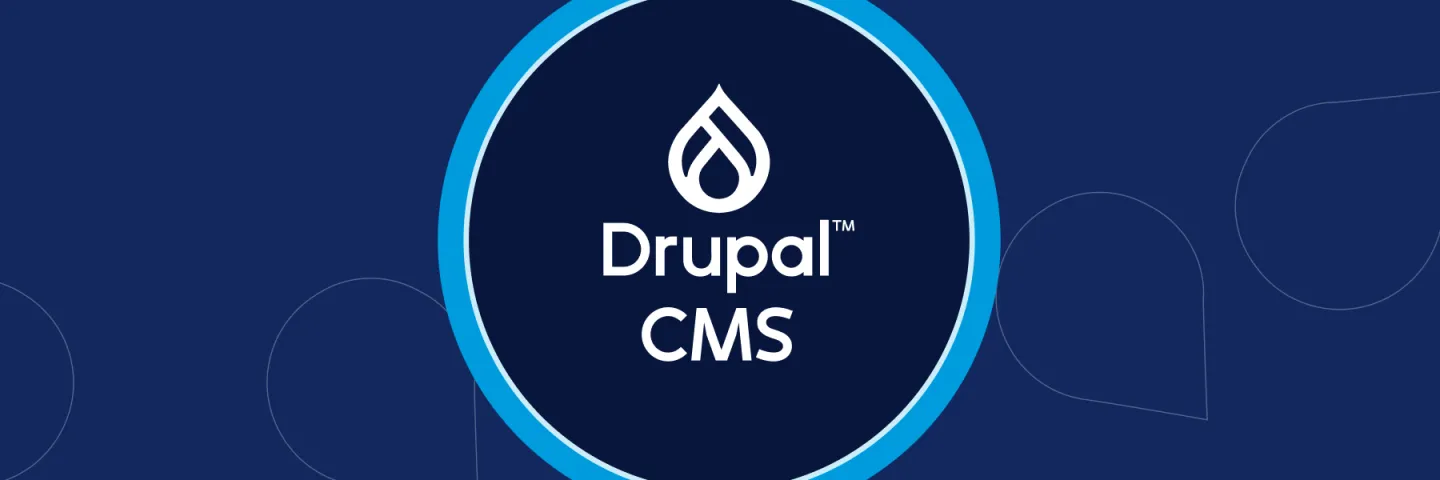 Drupal CMS logo on a blue patterned background