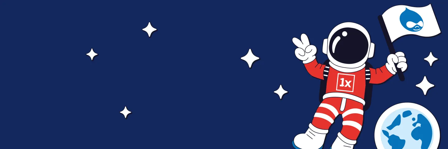 An astronaut on a blue background placing the Drupal CMS flag on a planet