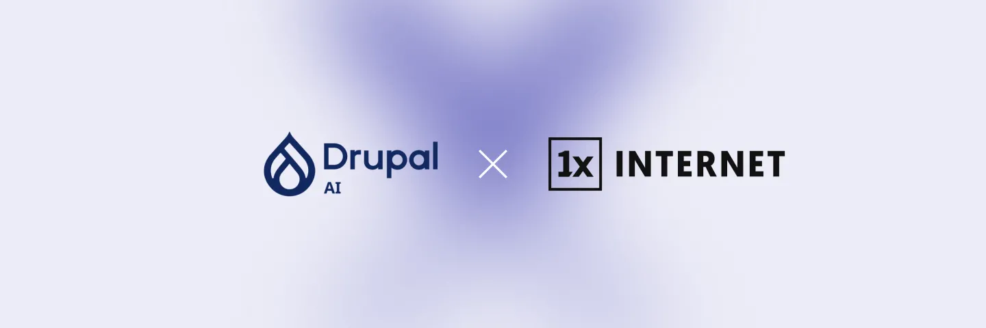 Logo of Drupal AI and 1xINTERNET on a light blue background