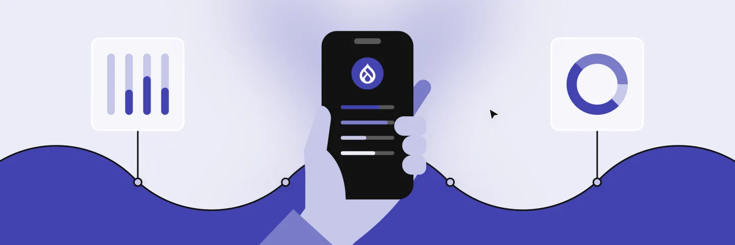 A hand holding a smartphone showing data analysis with bar and pie charts