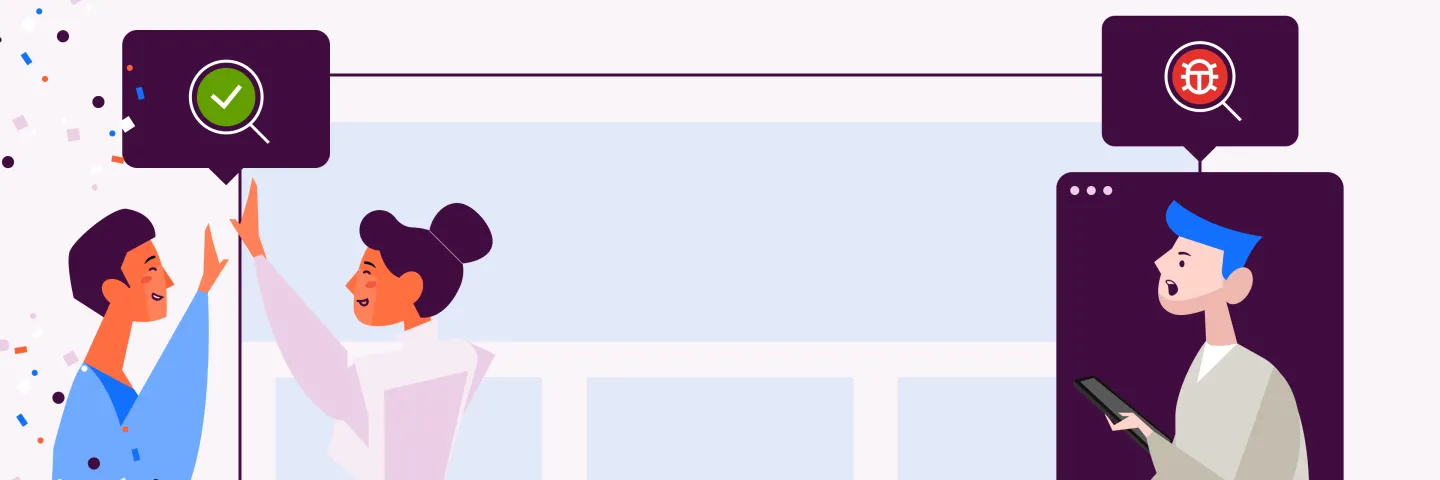 Zwei Menschen lächeln sich an und klatschen sich ab. Ein Dritter zeigt auf einen Softwarefehler