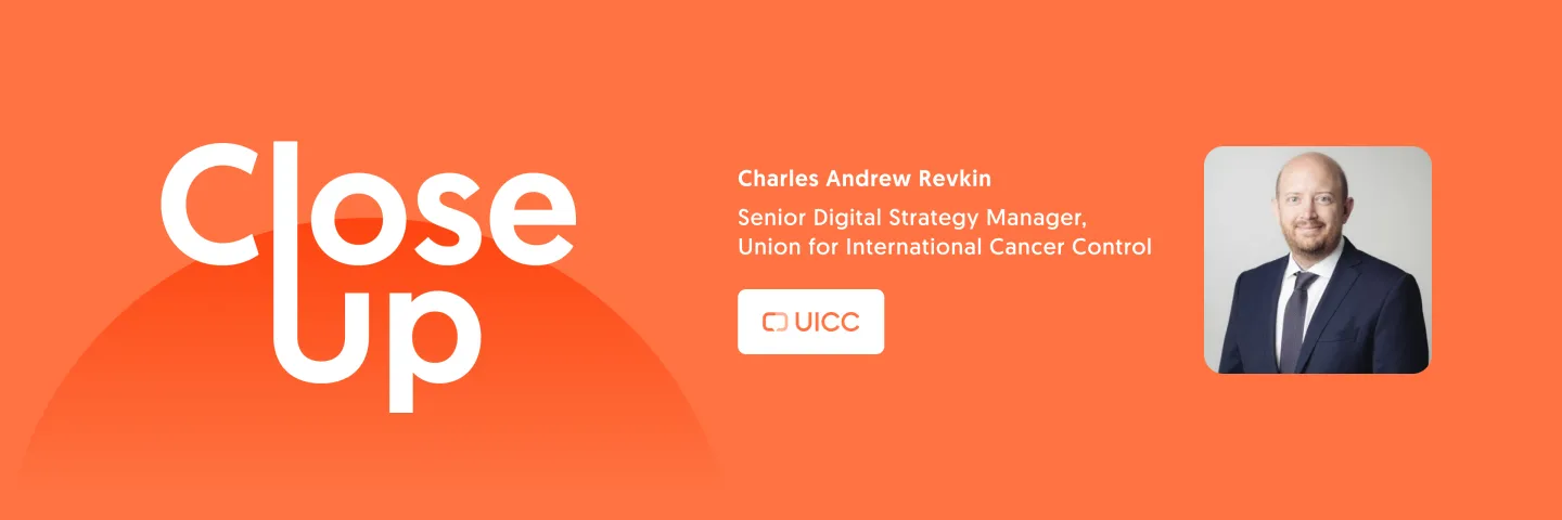 Text "Close Up" and a portrait of a man in a suit on the right