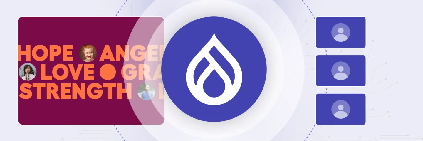 Colorful graphic with words "Hope, Anger, Love, Grace, Strength" and Drupal logo