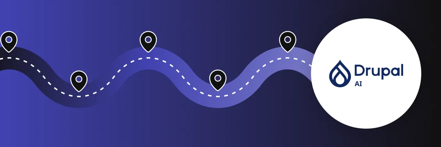 Abstract graphic featuring a winding path with location icons and a Drupal logo