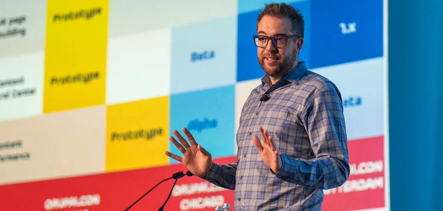 Dries Buytaert giving a talk at DrupalCon Chicago 2026