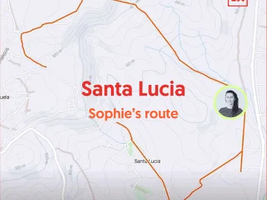 Karte mit GPS-Trail, Text: "Santa Lucia, Sophies Route", daneben ein kleines Foto von Sophie