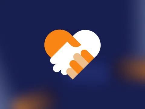 Two stylized hands in orange and white forming a heart shape
