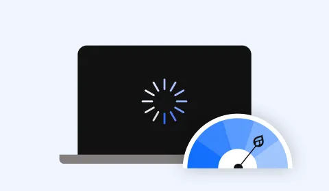 A laptop with a loading spinner and a performance indicator