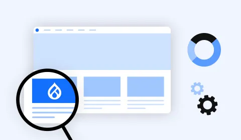 Infographic on SEO metrics with a magnifying lens and a Drupal logo
