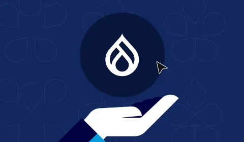 Hand holding the Drupal logo on a blue patterned background