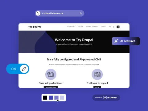 Screenshot of "Try Drupal" with labels of different features