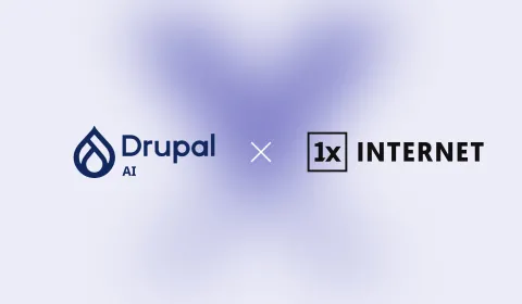 Logo of Drupal AI and 1xINTERNET on a light blue background