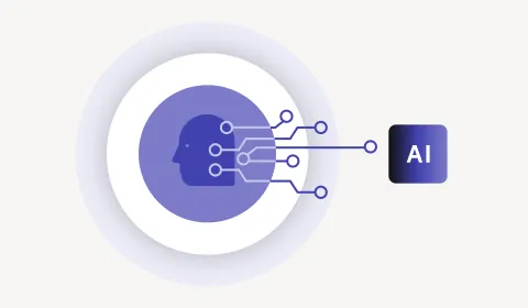 Human head in a circle with circuits connected to the label "AI"