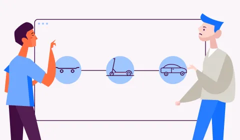 Two men discussing MVP stages using skateboard, scooter, and car icons