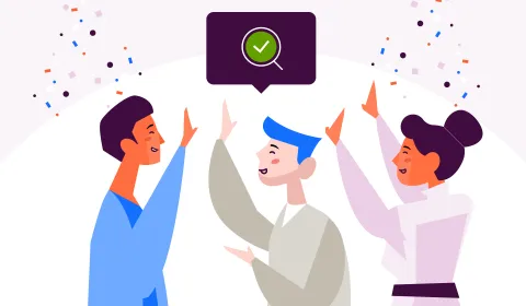 Three animated people celebrating with raised hands and confetti