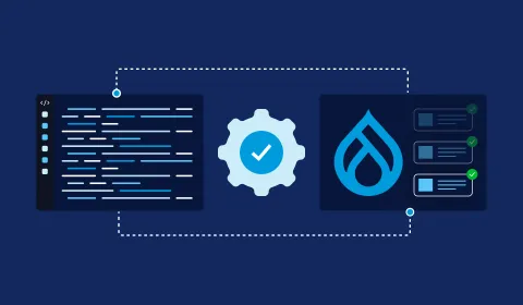 A coding interface, checkmarks, and the Drupal logo, representing software refactoring