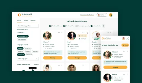 Profile matches and chats in the AuPairWorld messenger app