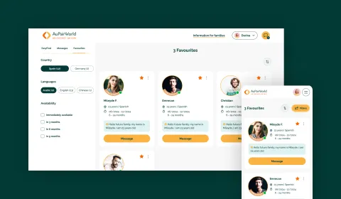 AuPairWorld dashboard displaying matched profiles and messages