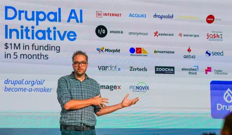 Dries Buytaert on the stage at DrupalCon Vienna 2025