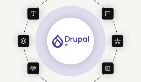Drupal AI logo at the center with icons around it representing various features
