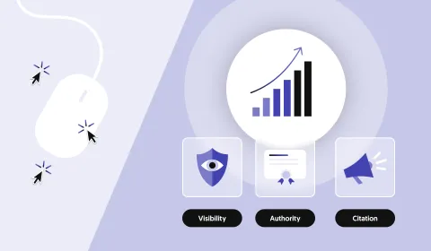 A computer mouse with clicks and an upward-trending graph with visibility, authority, and citation icons