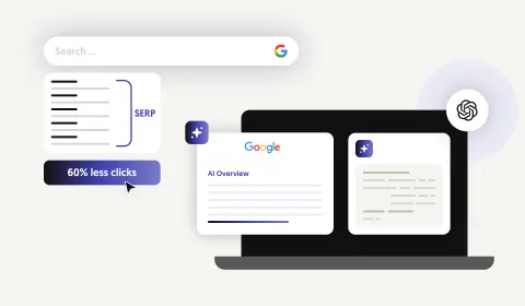 Laptop displaying a search bar, SERP results, and a statistic about clicks