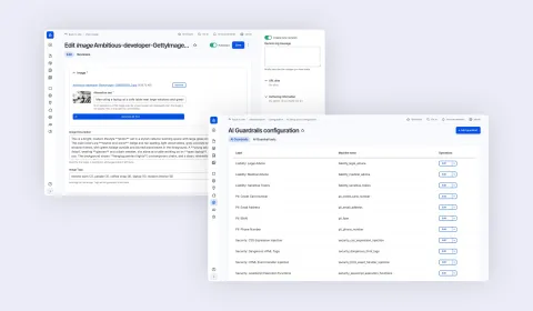 Drupal admin UI showing AI-generated image alt text/tags and guardrail settings (PII, liability, security)