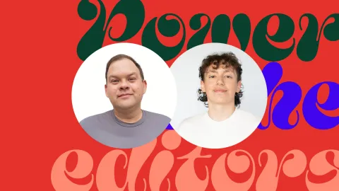 Photos of Artem and Bruno on a red patterned background