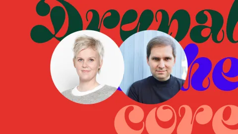 Photos of Baddy and Alexander on a red patterned background