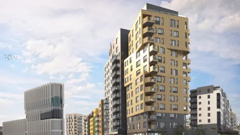 Moderne, hohe Gebäude mit farbenfrohen Fassaden