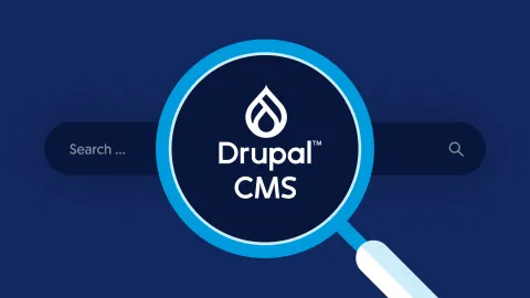 Search bar and Drupal CMS logo within a magnifying lens