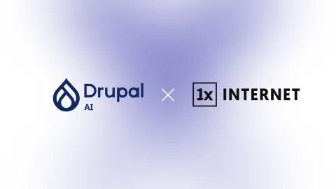 Logo of Drupal AI and 1xINTERNET on a light blue background