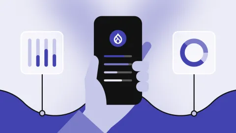 A hand holding a smartphone showing data analysis with bar and pie charts