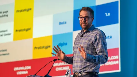 Dries Buytaert giving a talk at DrupalCon Chicago 2026