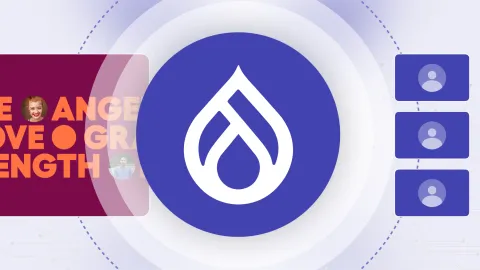 Colorful graphic with words "Hope, Anger, Love, Grace, Strength" and Drupal logo