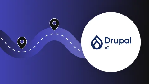 Abstract graphic featuring a winding path with location icons and a Drupal logo
