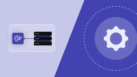 Graphic depicting a database connected to a gear icon on a purple background